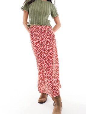 Wednesday’s Girl Ditsy Print Bias Cut Midi Skirt in Red